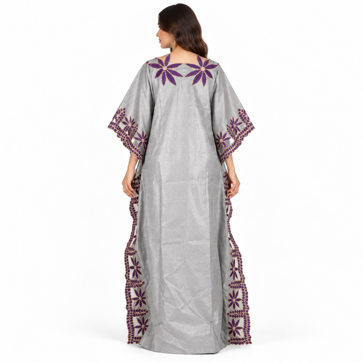Silver Purple Floral Embroidered Baju Kaftan