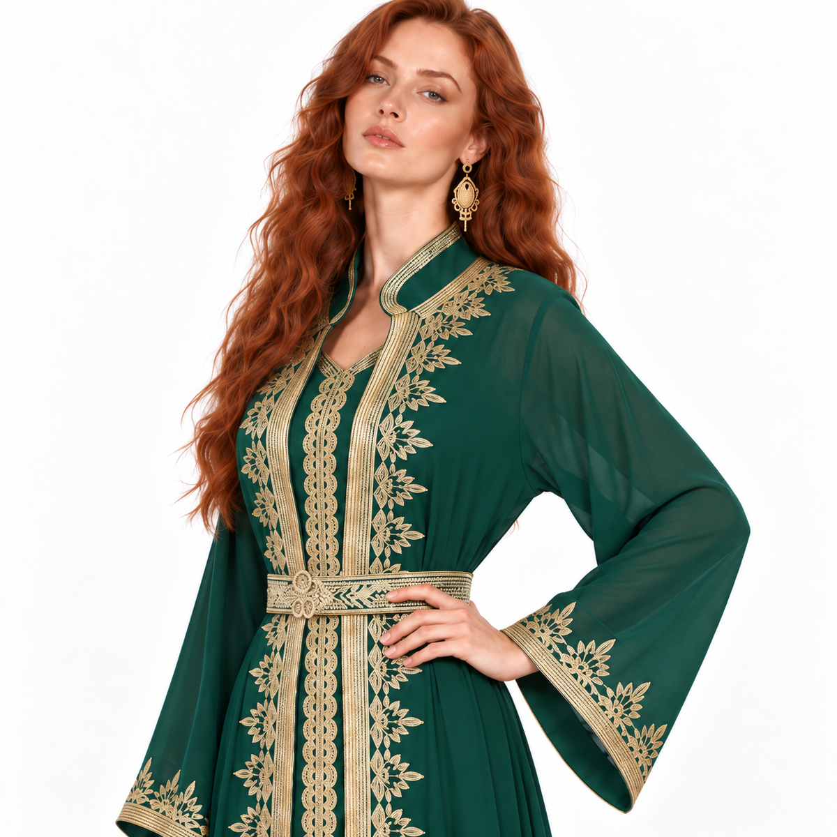 Emerald Green Gold embroidered Kaftan Lebaran