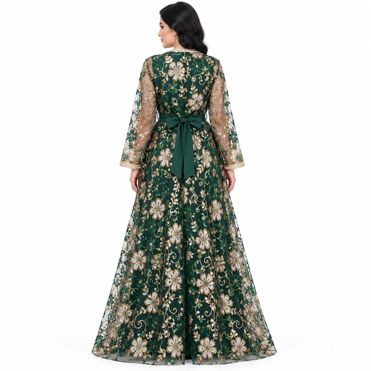 Elegant Emerald Green Floral Sequin Kaftan