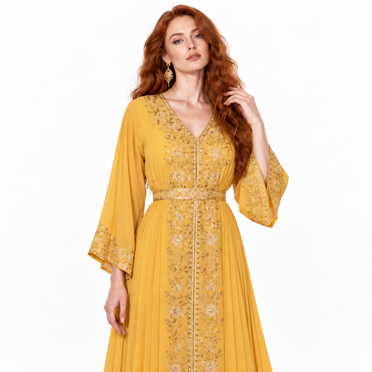 Mustard Yellow Gold Embroidered Kaftan Lebaran