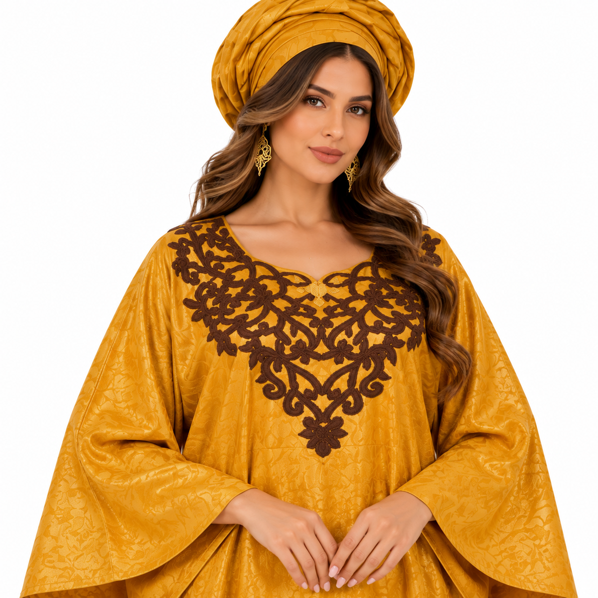 Mustard Gold Brown Embroidered Baju Kaftan