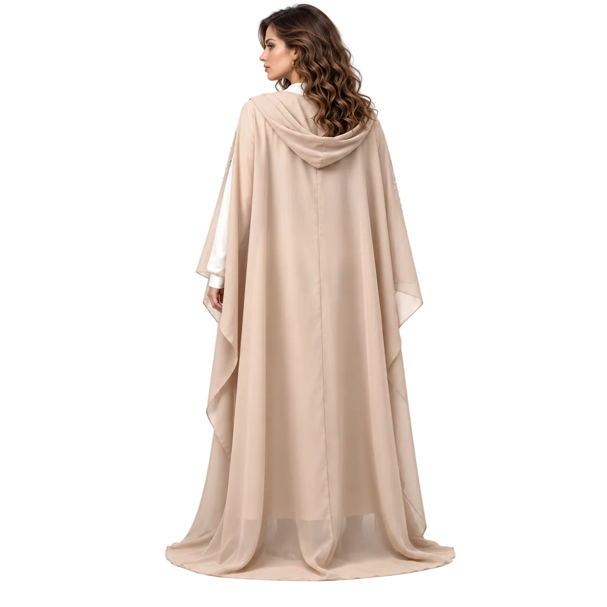 Beige Pearl Embellished Chiffon Elegant Kaftan