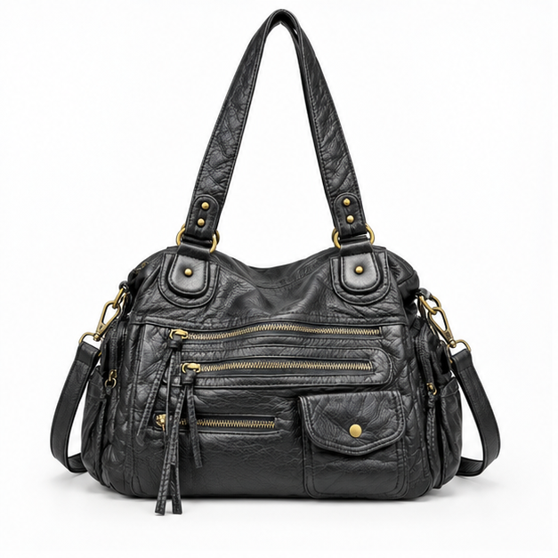 Black Multi-Pocket Leather Shoulder Bag