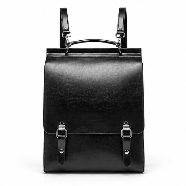 Vintage Black Leather Buckle Backpack