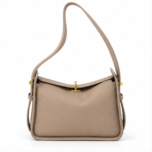 Grey Pebbled Leather Shoulder Handbag