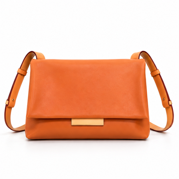 Orange Leather Flap Shoulder Crossbody Bag