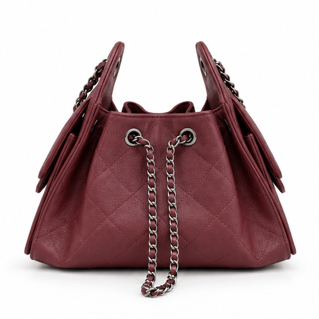 Burgundy Quilted Chain Drawstring Shoulder Bag