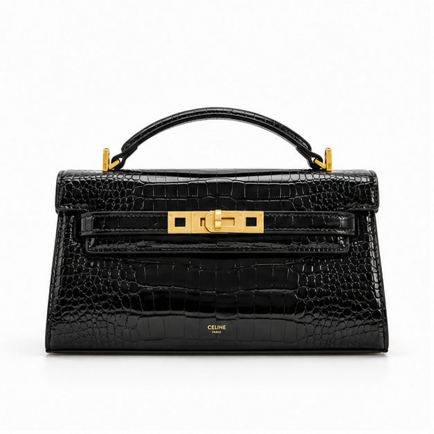 Black Crocodile Embossed Top Handle Handbag