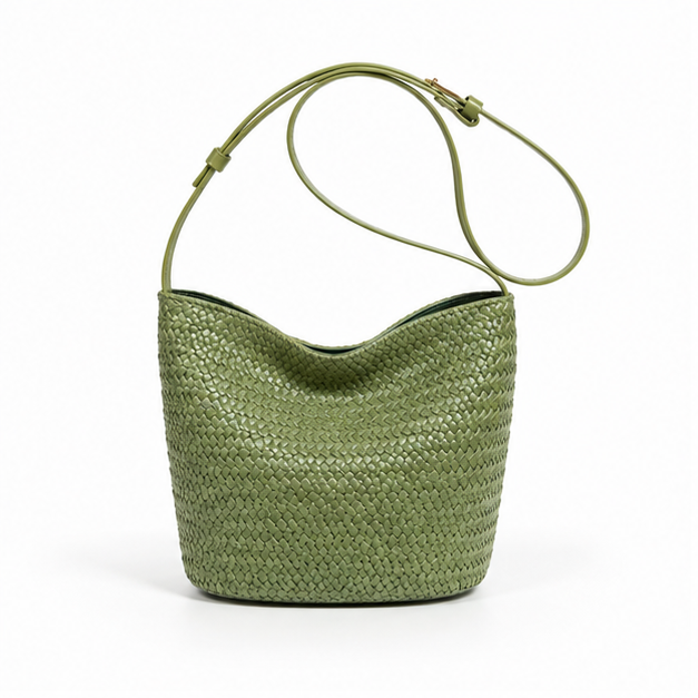 Olive Woven Adjustable Shoulder Bucket Bag