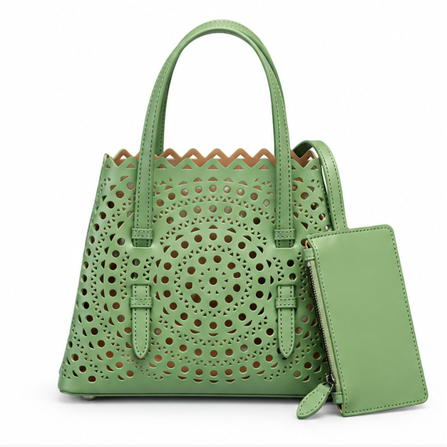 Sage Laser-Cut Tote With Matching Pouch