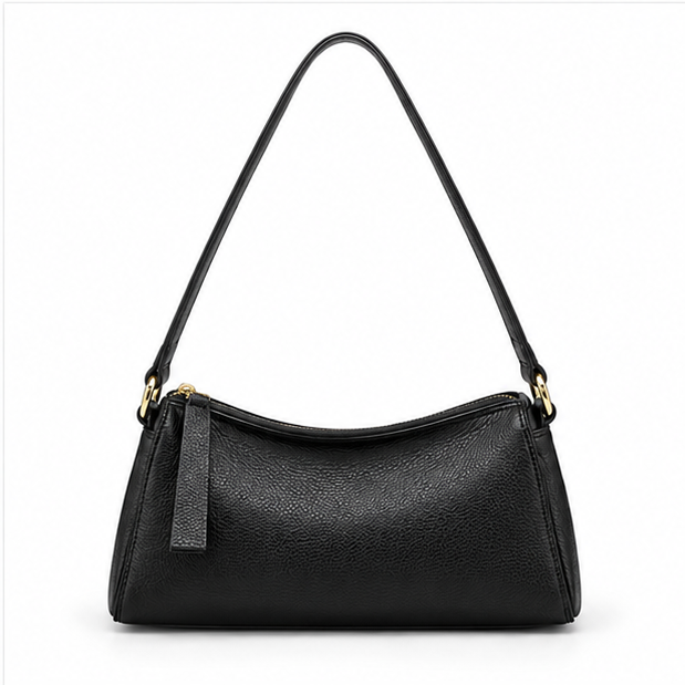 Black Pebbled Leather Shoulder Baguette Bag