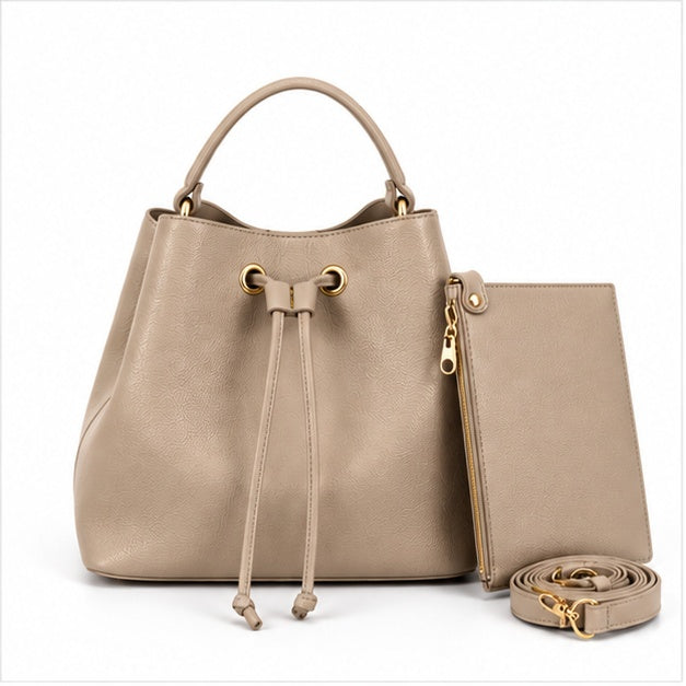 Khaki Drawstring Bucket Handbag Pouch Set