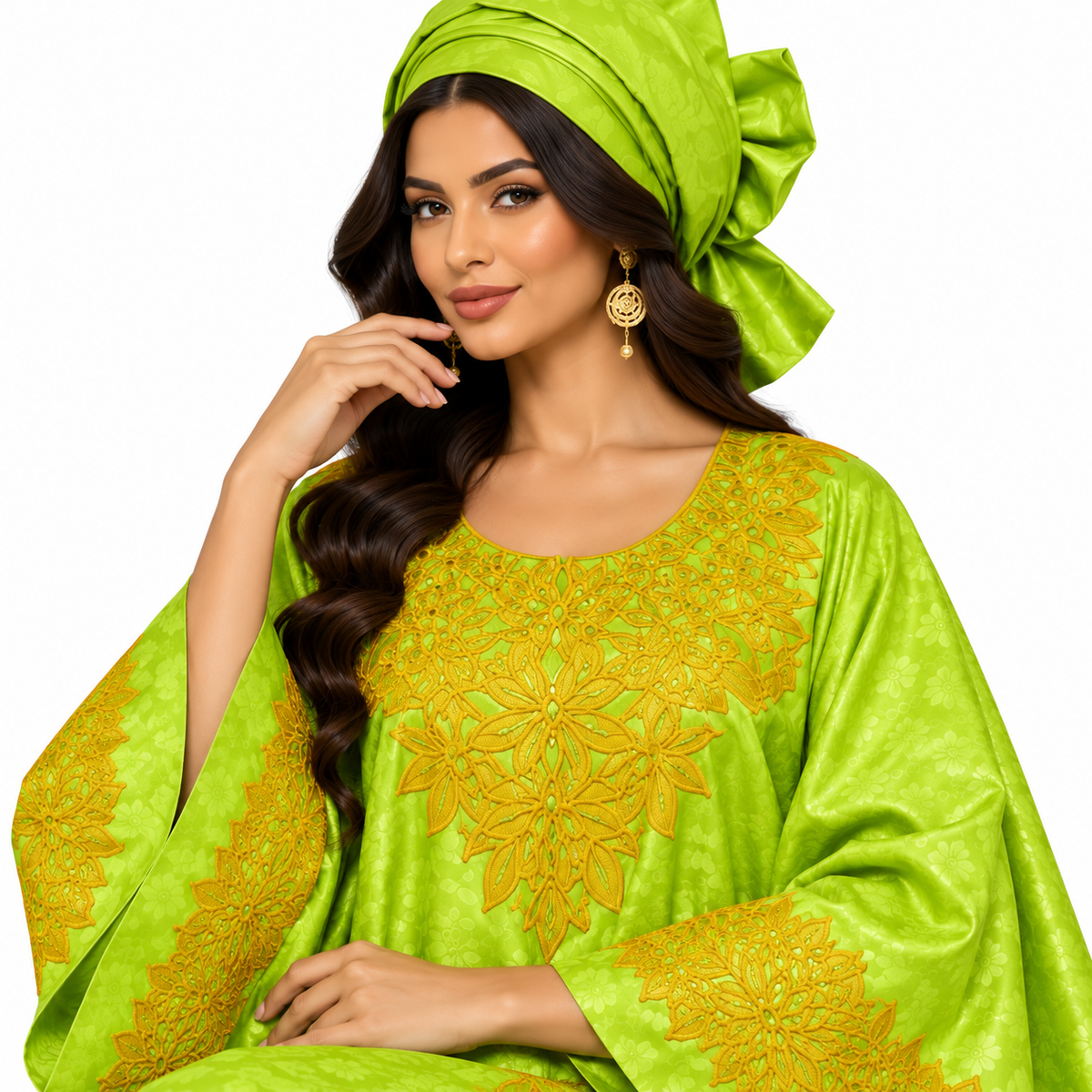 Lime Gold Embroidered Luxury Baju Kaftan
