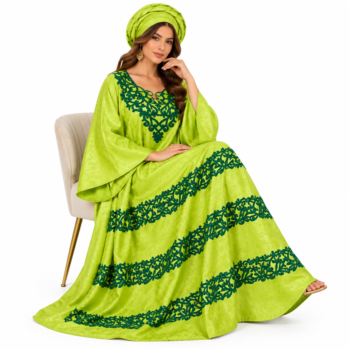 Lime Green Embroidered Flowing Baju Kaftan