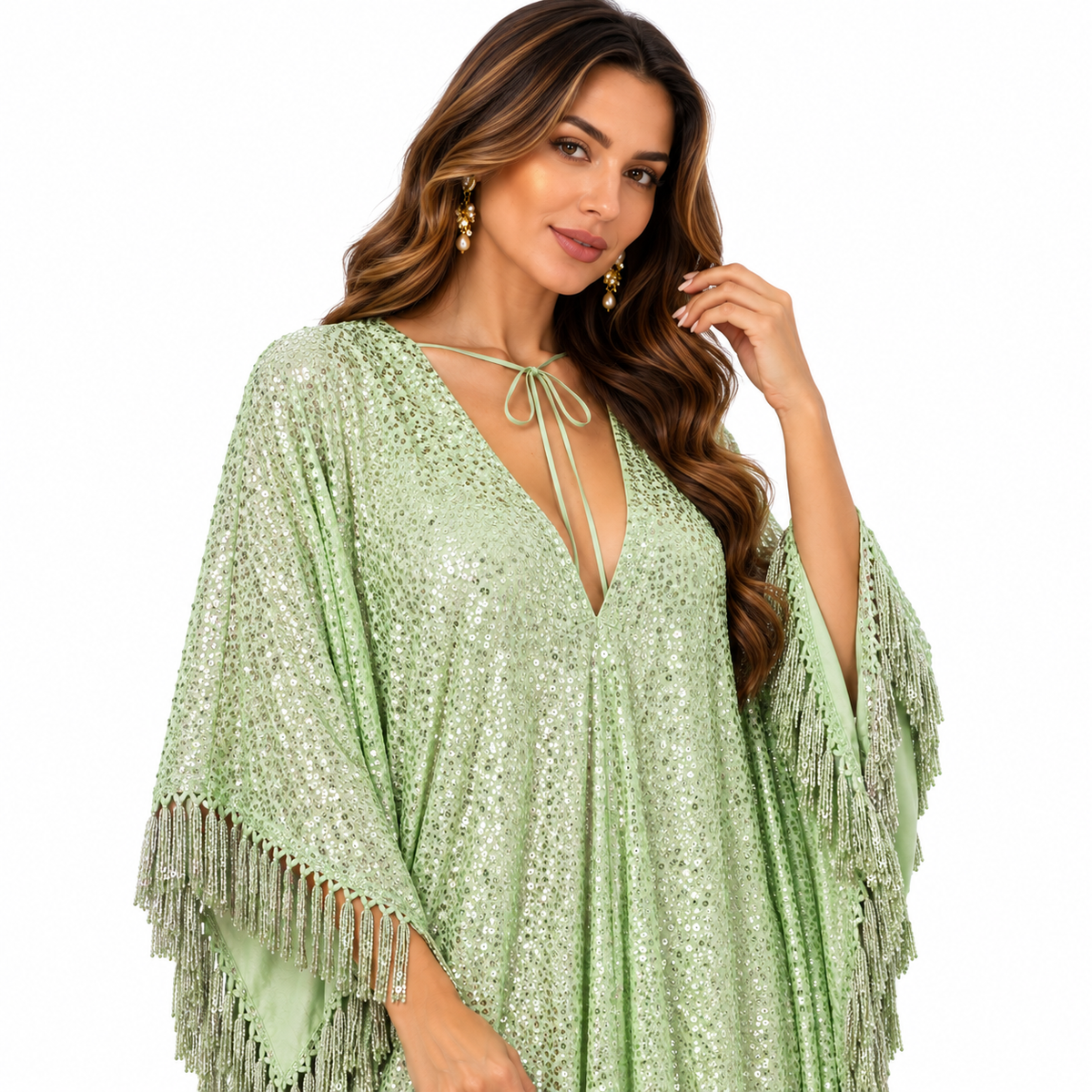 Yellow Green Sequin Fringe Baju Kaftan