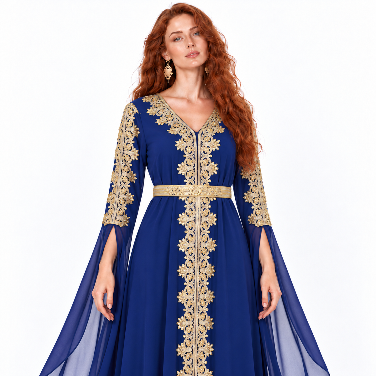 Navy Blue Gold Embroidered Lebaran Kaftan