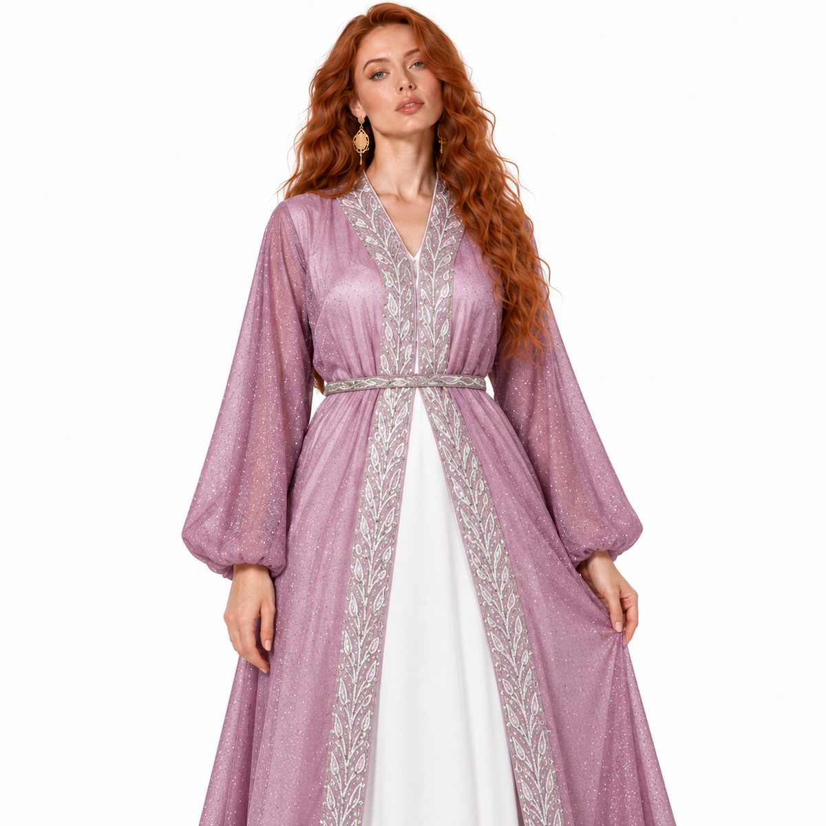Mauve Silver Embroidered Elegant Lebaran Kaftan