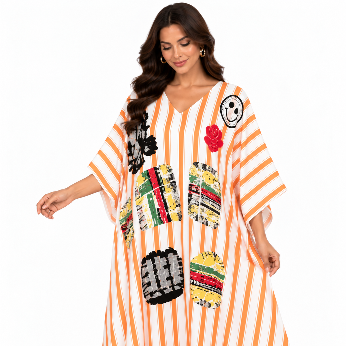 Orange White Striped Artistic Baju Kaftan