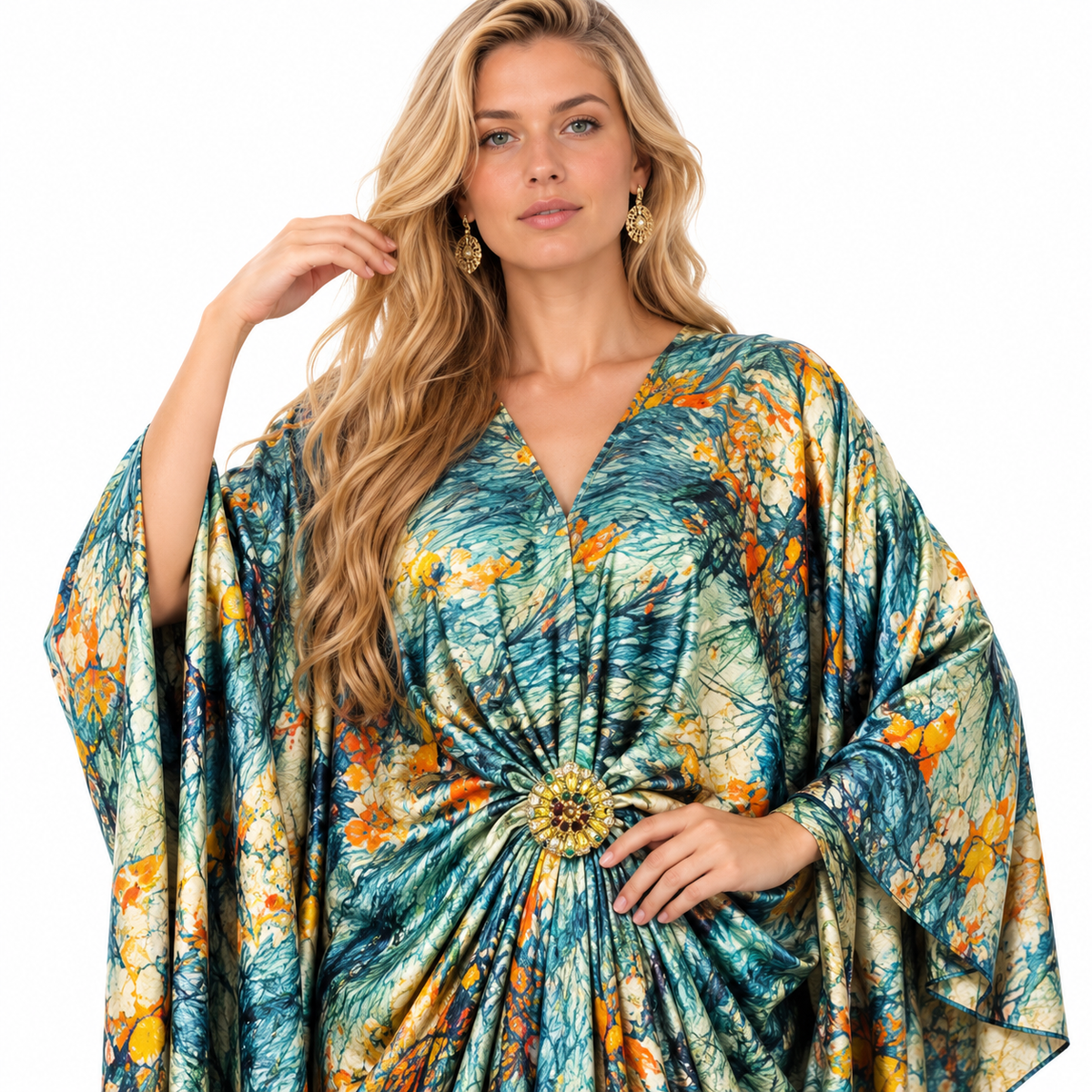 Blue Tropical Print Batwing Gamis Kaftan