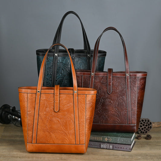 Vintage Genuine Top-Grain Genuine Leather Tote Bag - Large Capacity Adjustable Shoulder Strap