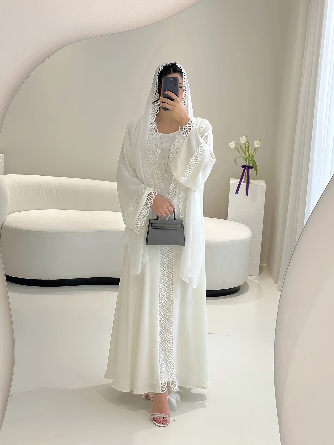 2pcs Muslim Kaftan Abaya Set with Lace Trim | Plus Sleeveless Vest Skirt, Headscarf, for Ramada