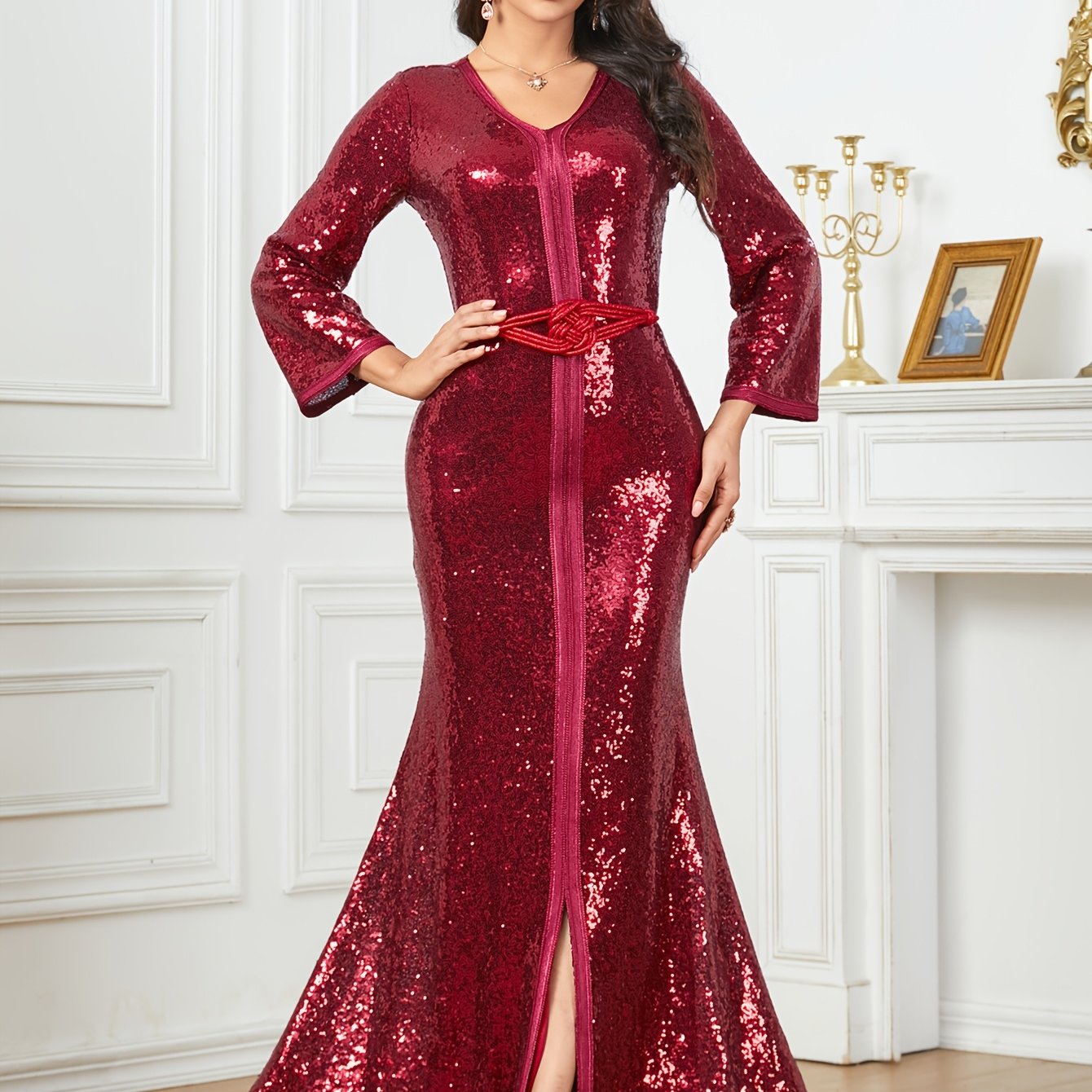 Middle Eastern Muslim Women's Beaded Mesh Panel Solid Color Belted V-Neck Slim Fit Slit Party Modern Abaya with Customizable Waistband