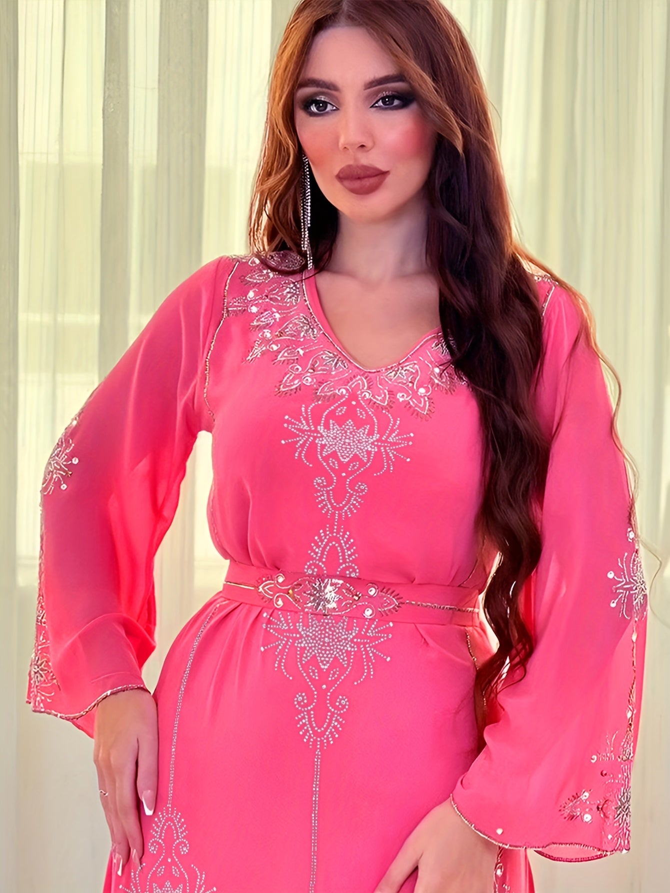Elegant Rhinestone Embellished Chiffon Dress - Summer Long Robe for Women, Polyester, Machine Washable, Middle Eastern Style Palestinian Abaya