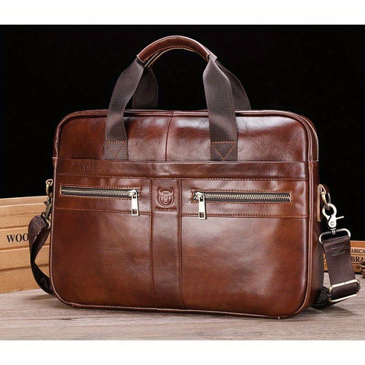 Head Layer Cowhide Men Briefcase, Business Leather Laptop Bag, Retro Fashion Single Shoulder Crossbody Bag, Multifunctional Large Capacity Anti-Theft Design