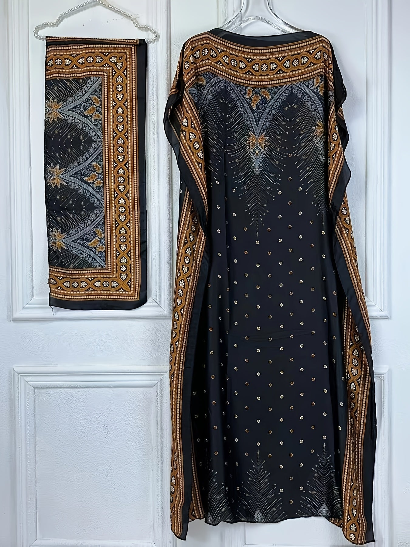 Print Abaya | Women's Clothing | Elegant Short Batwing Sleeve Kaftan | Loose Dress With Scarf | For Spring & Summer