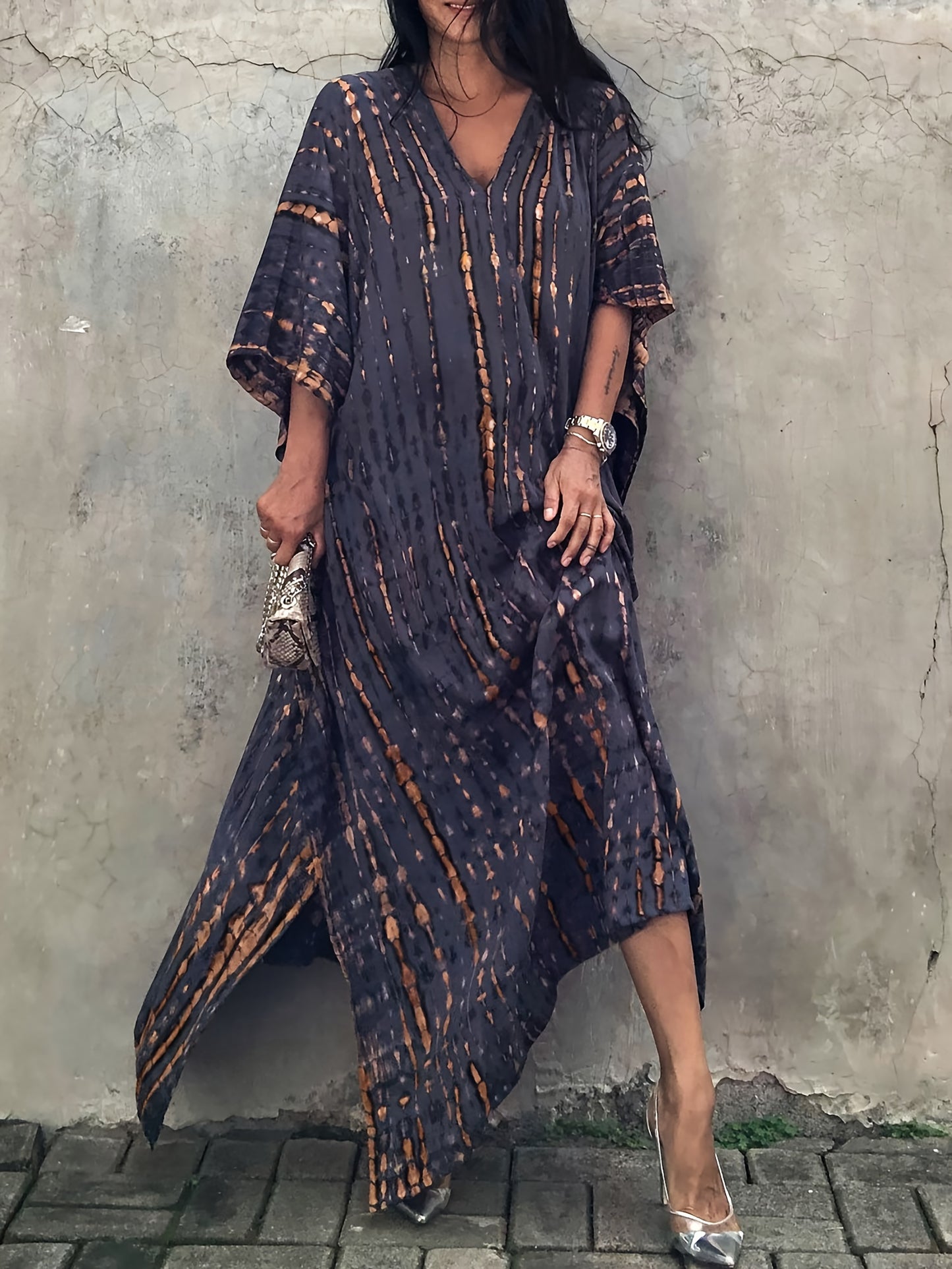 Plus Size Tie Dye Pattern Kaftan Abaya, Casual V Neck Batwing Sleeve Slit Dress, Women's Plus Size Clothing