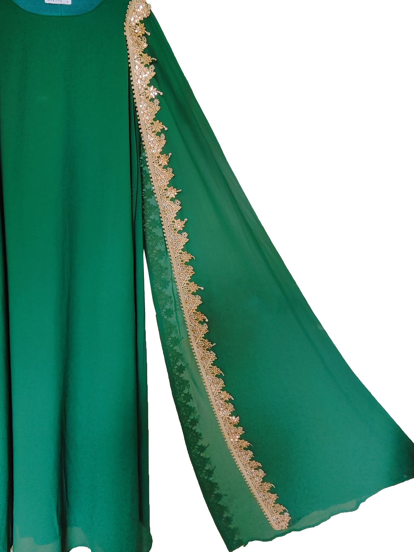 Middle Eastern-Inspired Emerald Green Sequin-Trimmed Lace Embroidery Robe Modern Abaya - Long Sleeve A-Line Gown with Golden Accents, Machine Washable Formal & Casual Wear