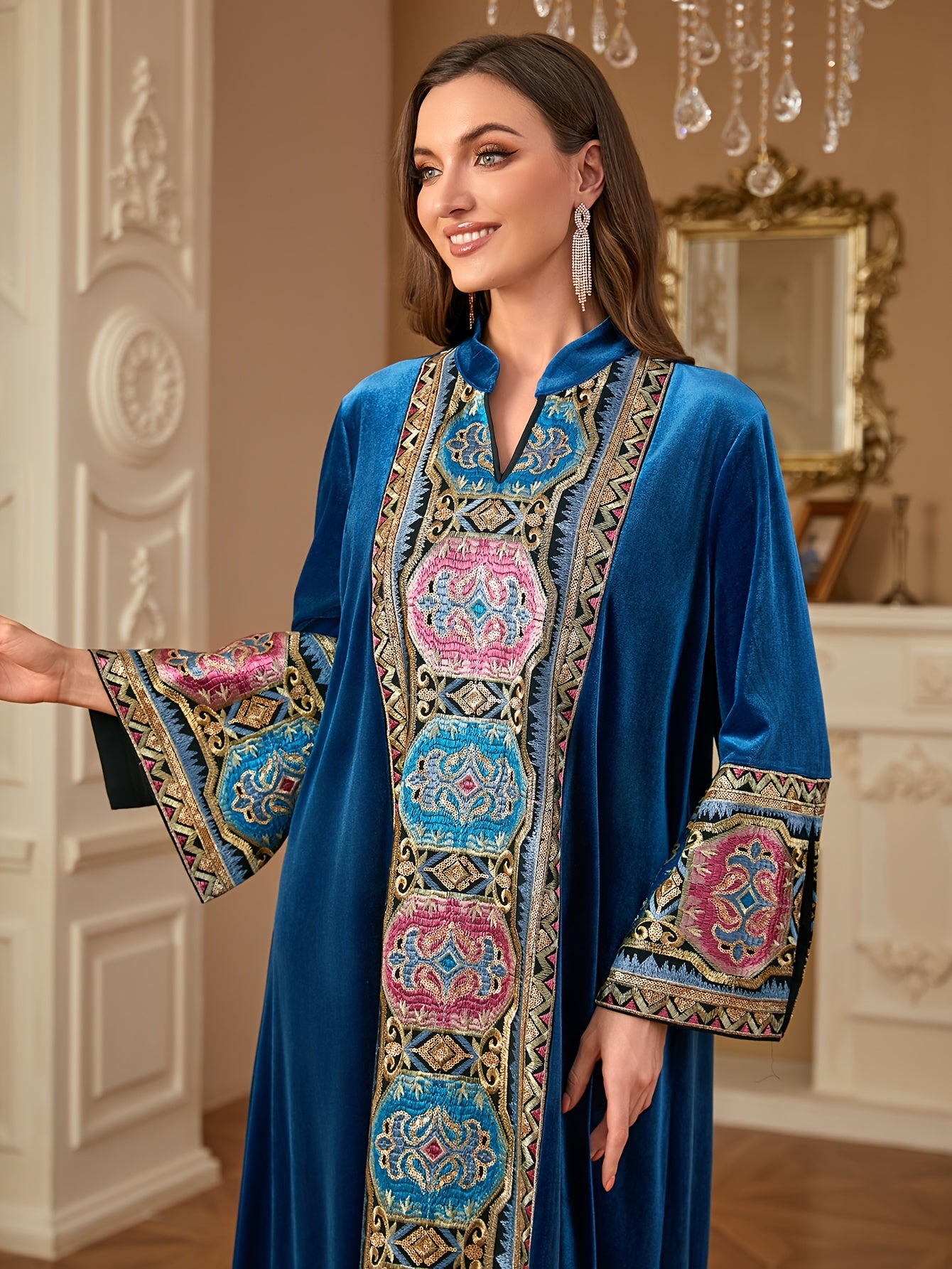 Women's Middle Eastern-Inspired V-Neck Long Sleeve A-Line kaftan Abaya - Burgundy with Multicolor Embroidery, Loose Fit Floor-Length Traditional Elegance for Autumn/Winter, Machine Washable
