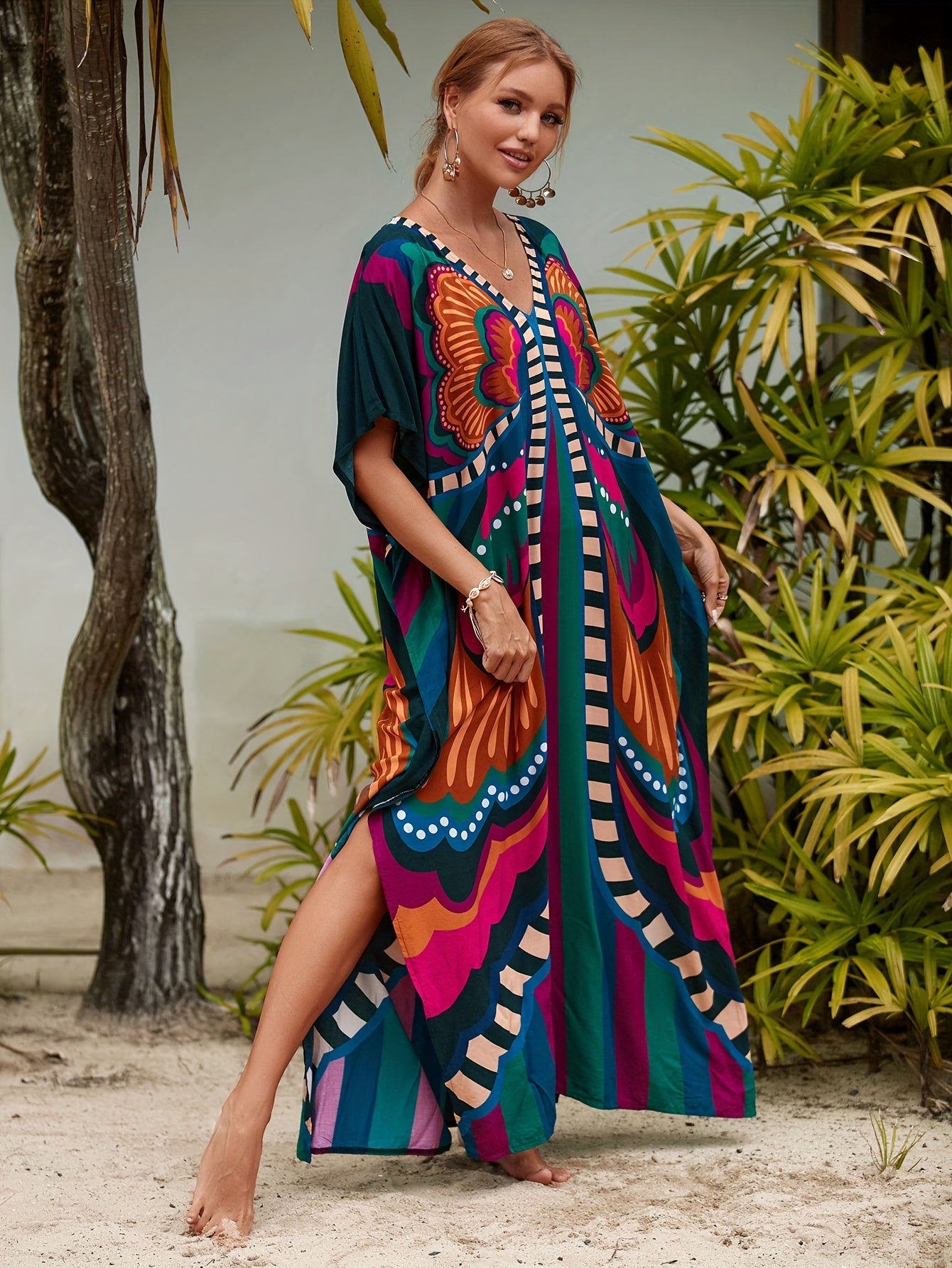 Women's Boho Maxi Kaftan Dress, V-Neck Long Dress Swimsuit Cover-Up, Casual Plus-Size Beachwear For Summer Vacation