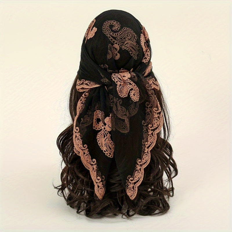 Thin Gauze Paisley Embroidery Elegant Square Scarf | Casual Rusty Brown Head Wrap