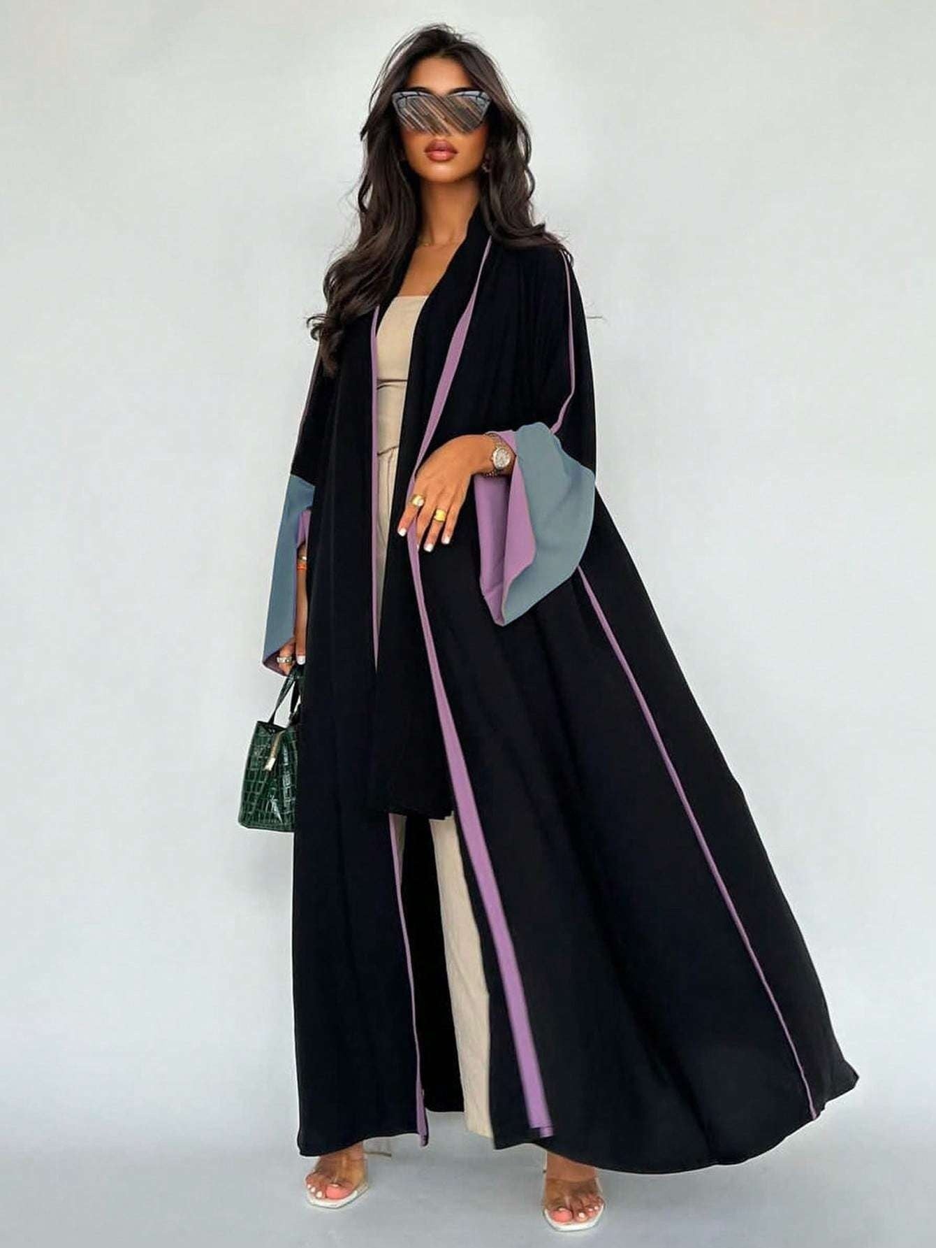 Plus Size - 1pc Plus Size Women's Abaya Burqa - Elegant Color Block Design, Loose Fit Long Sleeve with Open Front, Black & Blue Geometric Pattern, Perfect for Festive Occasions