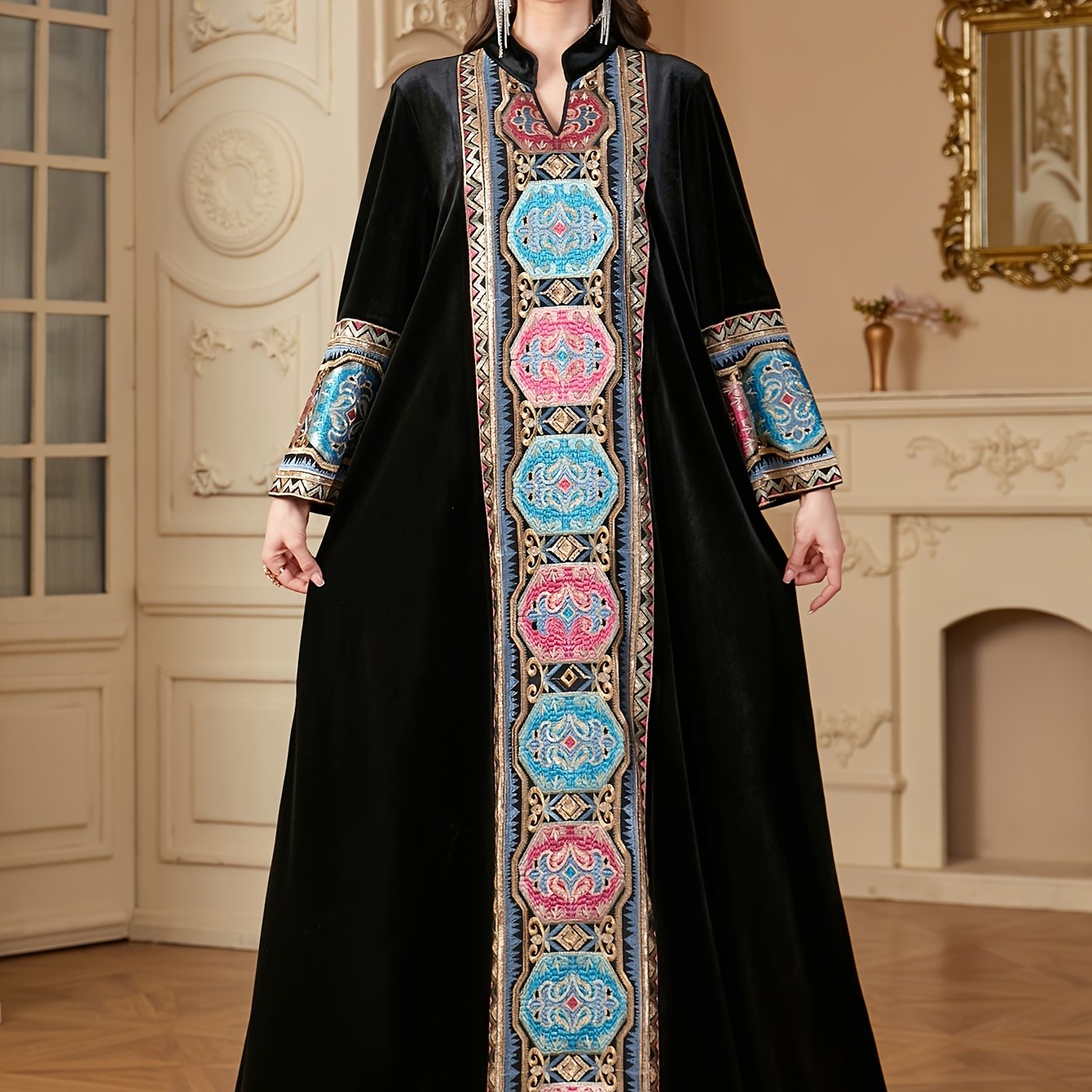 Women's Middle Eastern-Inspired V-Neck Long Sleeve A-Line kaftan Abaya - Burgundy with Multicolor Embroidery, Loose Fit Floor-Length Traditional Elegance for Autumn/Winter, Machine Washable