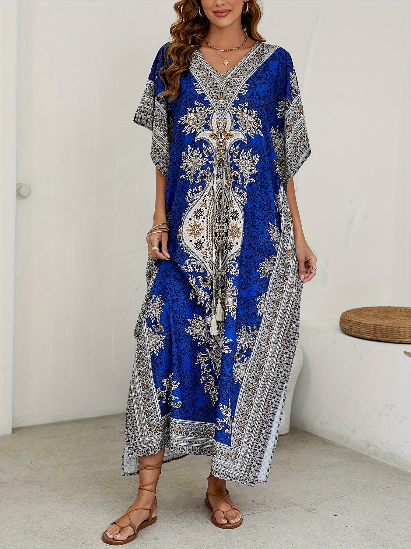 Women's Middle Eastern Muslim Kaftan Abaya, Loose V-Neck Beach Bohemian Party Dress