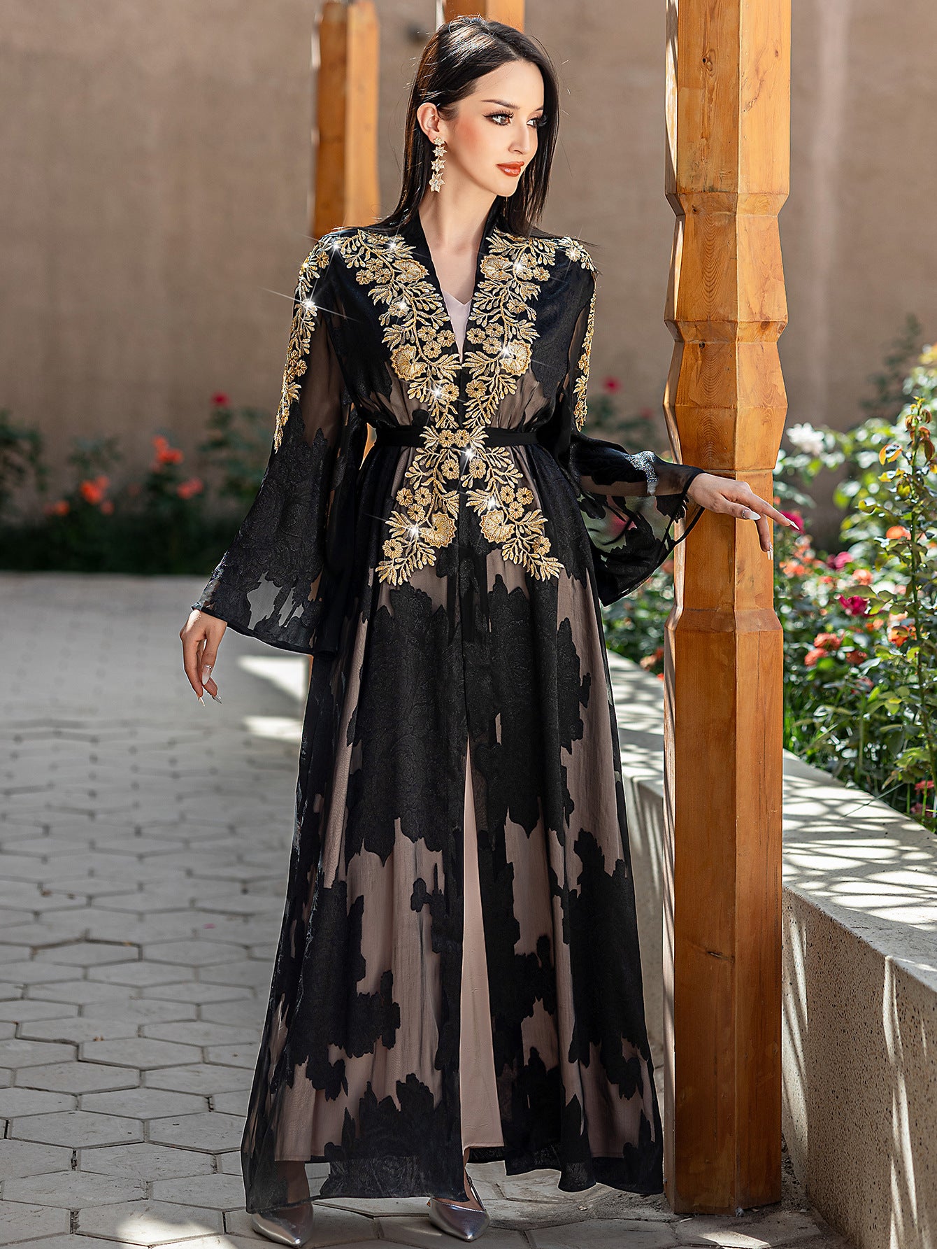 Two-Piece Black and Golden Embroidered Abaya with Belt - Elegant Long Sleeve, Flowing Ethnic Style, Non-Stretch Fabric, Perfect for Spring/Summer, Cultural Attire|Elegant Abaya|Satin Finish