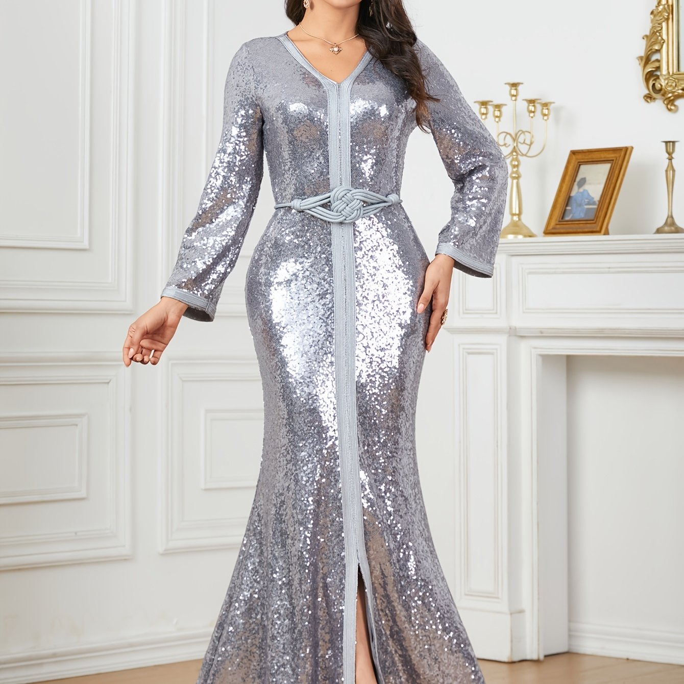 Middle Eastern Muslim Women's Beaded Mesh Panel Solid Color Belted V-Neck Slim Fit Slit Party Modern Abaya with Customizable Waistband