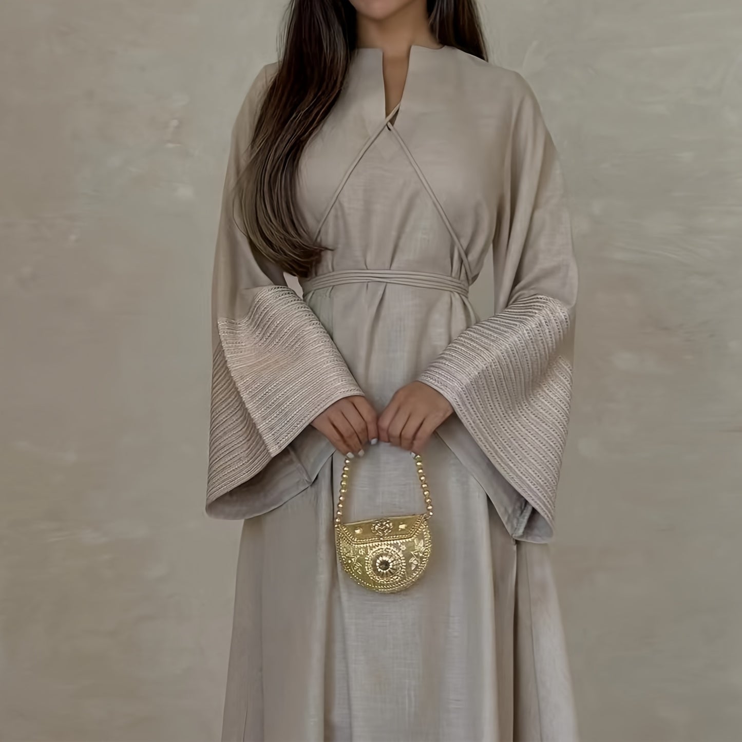 Women's Kaftan Dress Patchwork Floral Print Arabic Abaya Robe Long Sleeve Round Neck Loose Dress