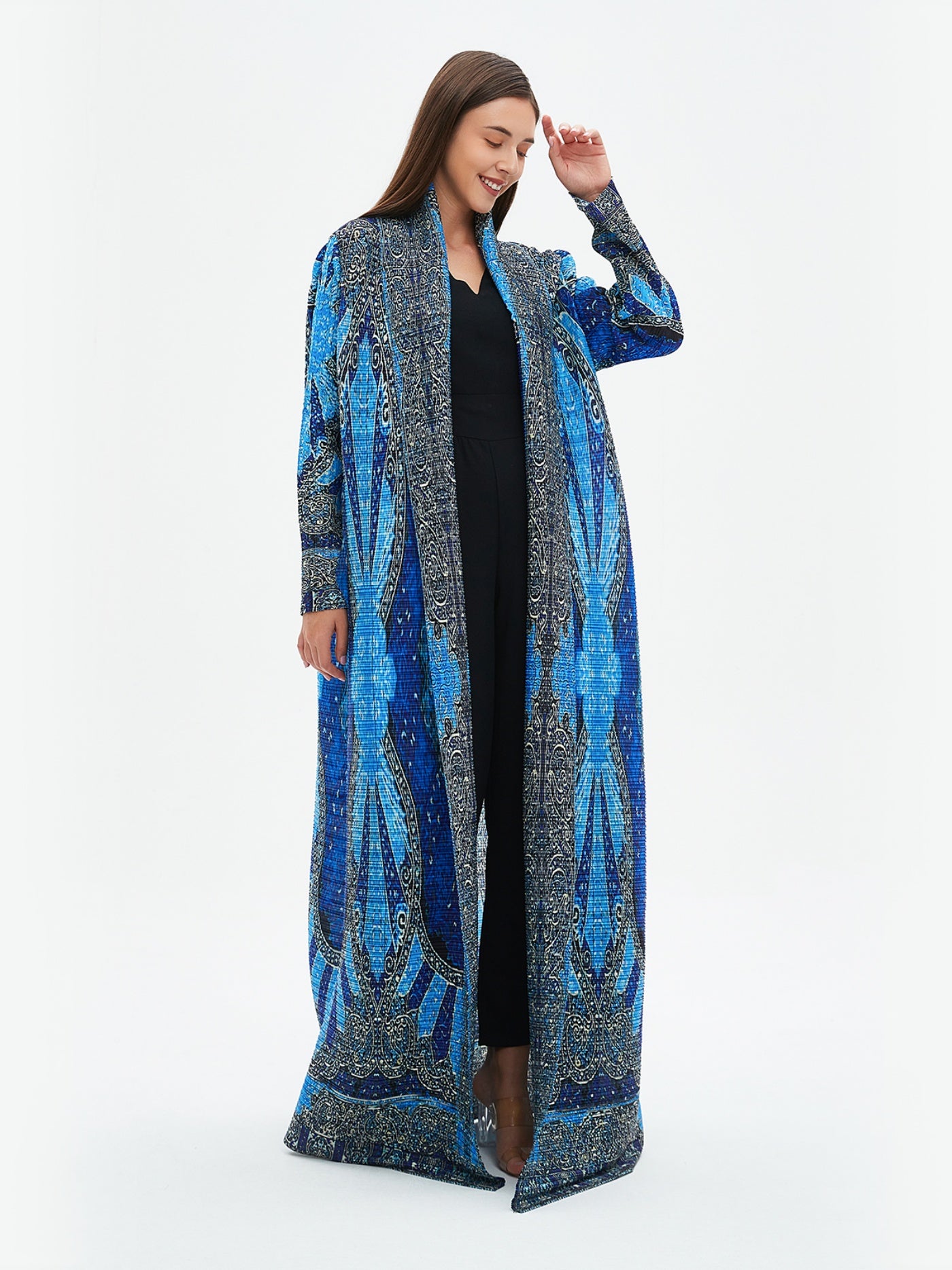 2025 Summer New Miyake-Style Kaftan Abaya, Long Sleeve, High-Elasticity Polyester Dress with Geometric Print, Belted Waist Design - Versatile for Daily Commute & Formal Occasions