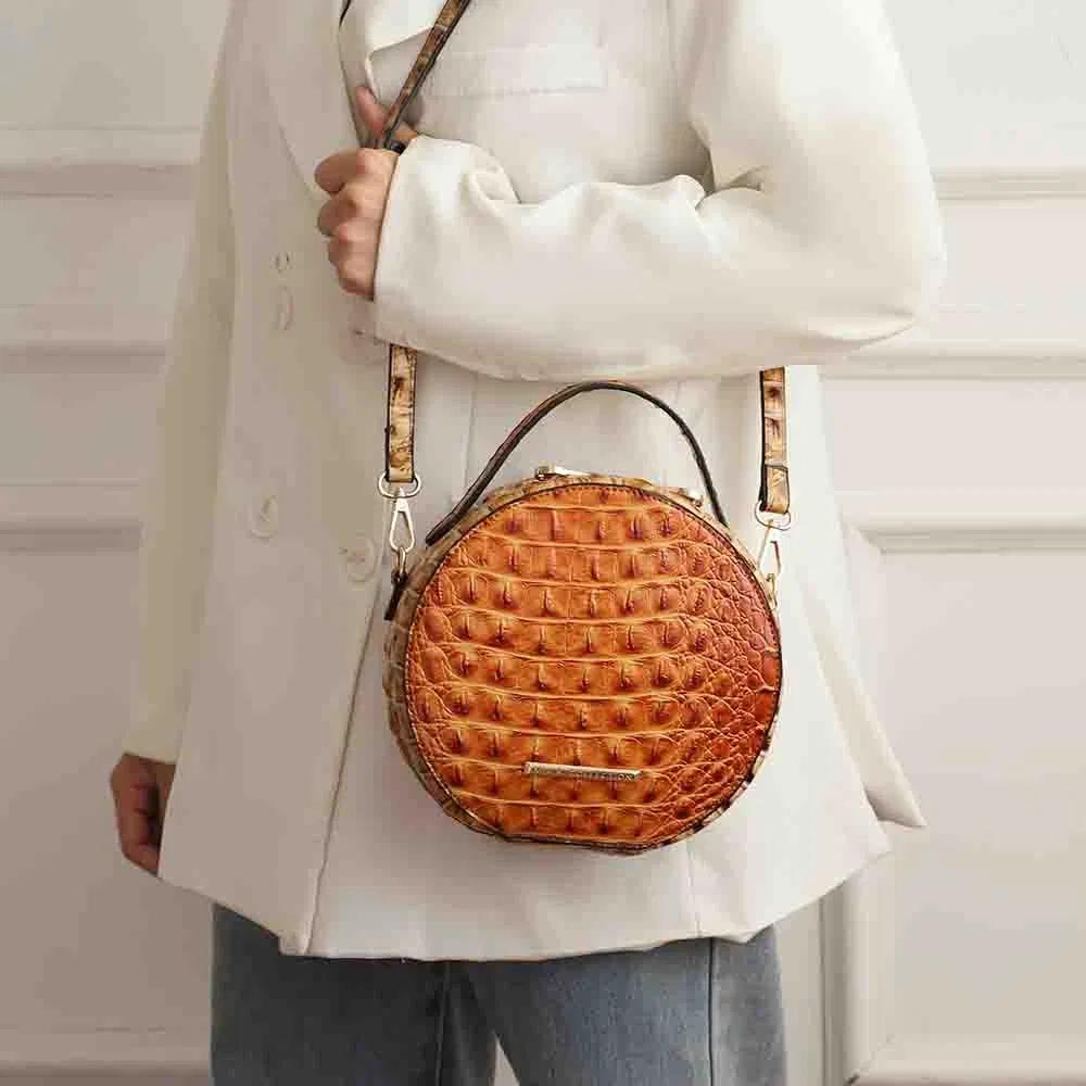Collection Ynnari Women’s Red Crocodile-Embossed Round Crossbody Handbag with Golden-Tone Hardware, Genuine Leather | Stylish Crossbody