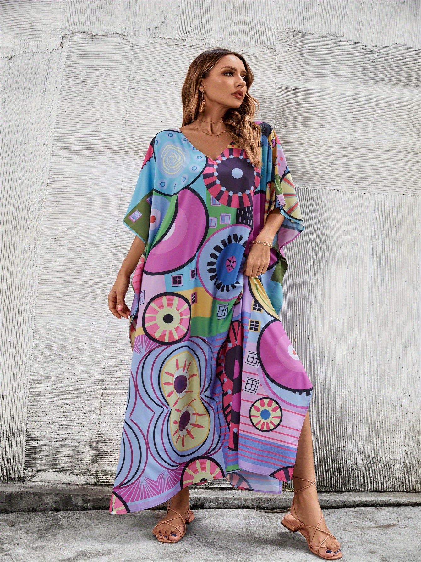 Plus Size Boho Chic Tropical Print Beach Kaftan - V-Neck, Batwing Sleeve Cover Up with Side Slit - Vibrant Geometric & Floral Design in Blue, Green, Pink & Purple - Perfect for Summer Vacations & Resort Wear, Bohemian Clothing