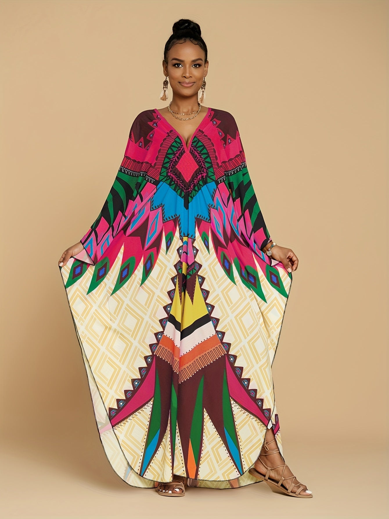 Women's Kaftan Dresses Geometric Patterns Floral Prints Beach Cover Up Chest Casual Home Vacation Ethnic Kaftan Robe Cover Up Batwing Sleeve Elegant Dress