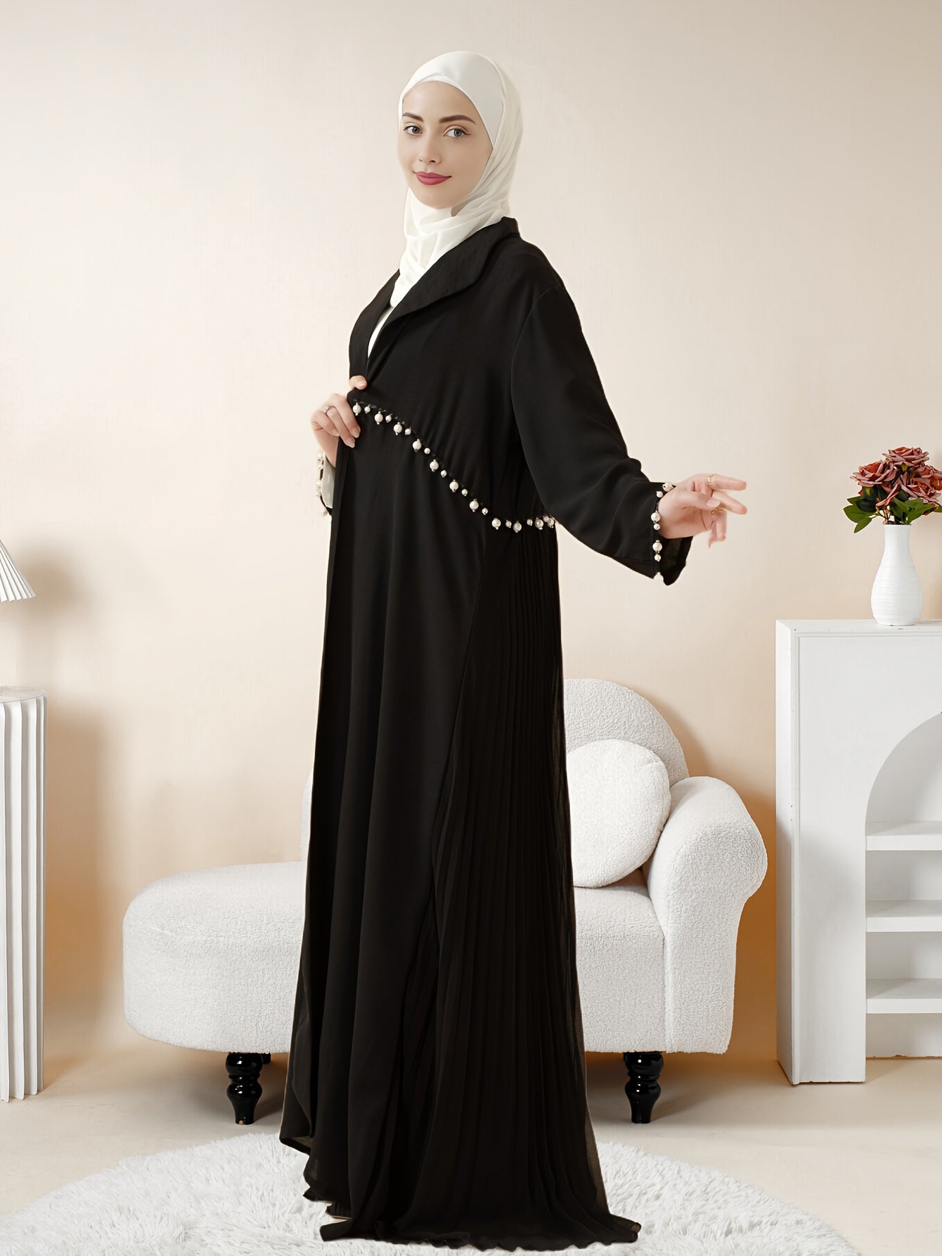 Elegant Pearl-Embellished Black Emirati Abaya with Ruched Detail - Long Sleeve, Floor-Length, Summer Wear for Women, Versatile Fashion|Ruched Abaya|Pearl Embellishments