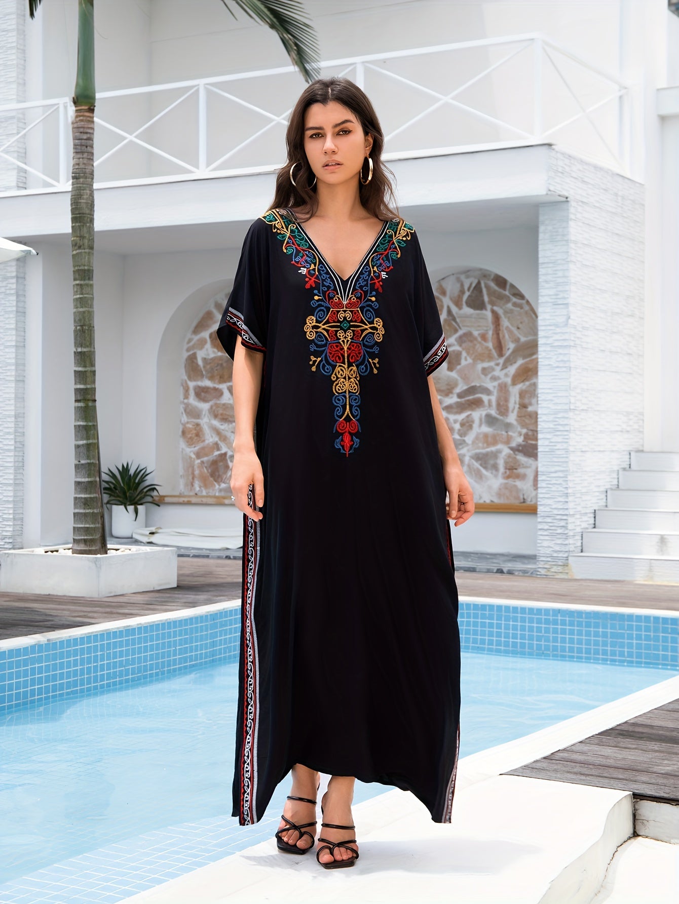 Women's Embroidery Swimsuit Cover Ups Beach Cover Up Kaftan Plus Size V Neck Ethnic Style Batwing Sleeve Kaftan Dress - For Women - Suitable for Beach, Pool, Vacation - Perfect Gift for Summer