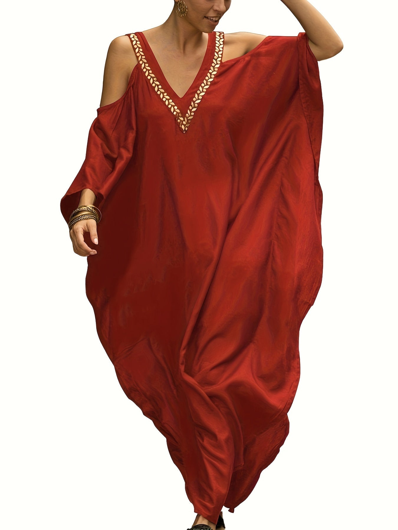 Plus Size Maroon V-Neck Kaftan Dress with Cold Shoulder Batwing Sleeves