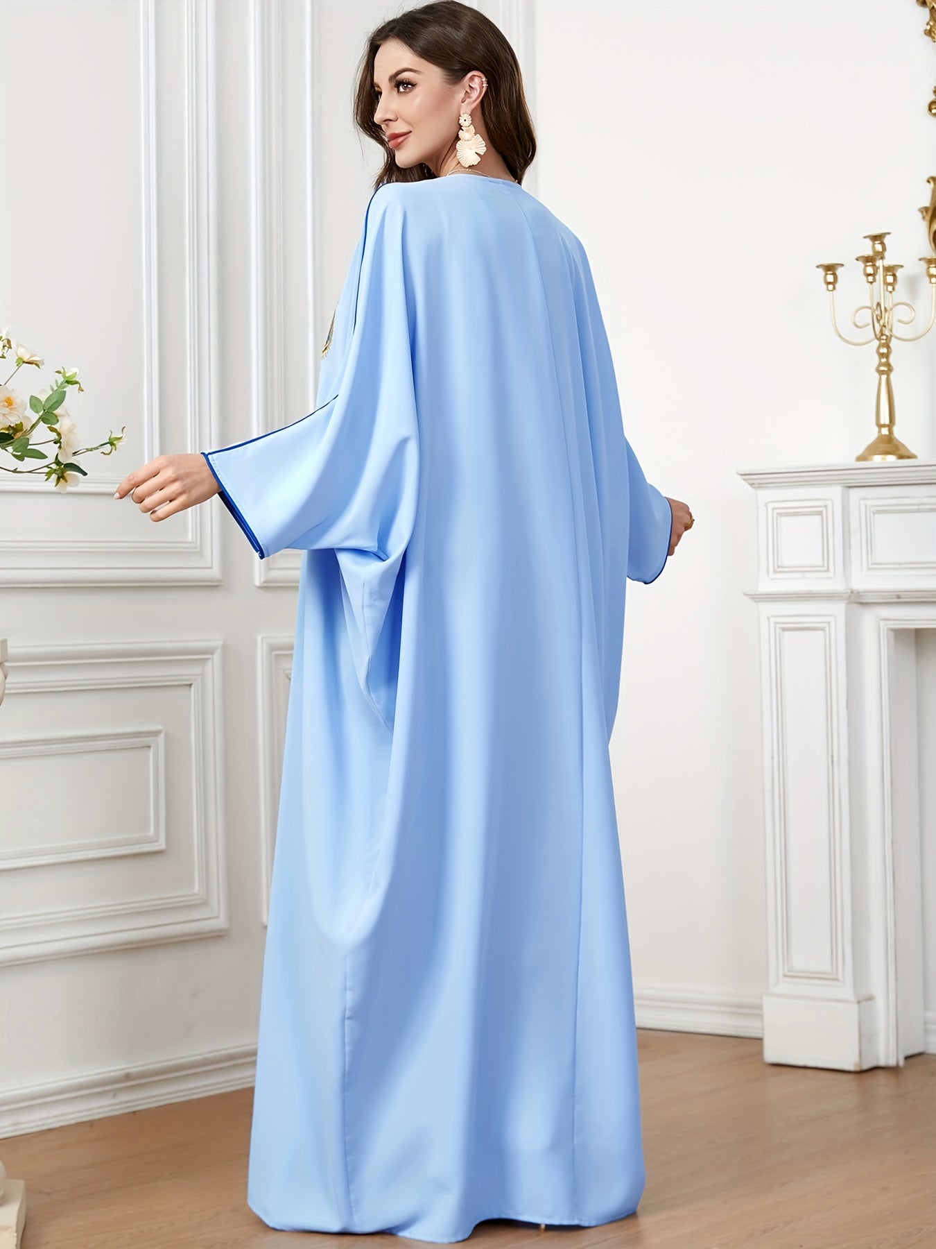 Women's Embroidered Batwing Sleeve Kaftan Abaya, 100% Polyester, Long Sleeve, Solid Color, Non-Stretch, Loose Fit, All Seasons, Woven, 155 g/m² - Middle Eastern Style