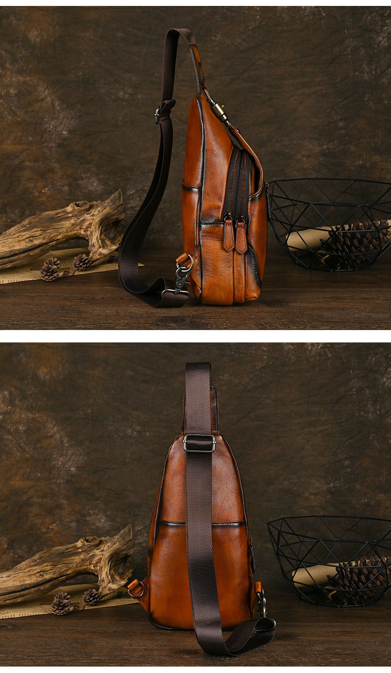 Handmade Genuine Leather Men's Retro Sling Bag - Adjustable Anti-Theft Crossbody Bag with Large Capacity