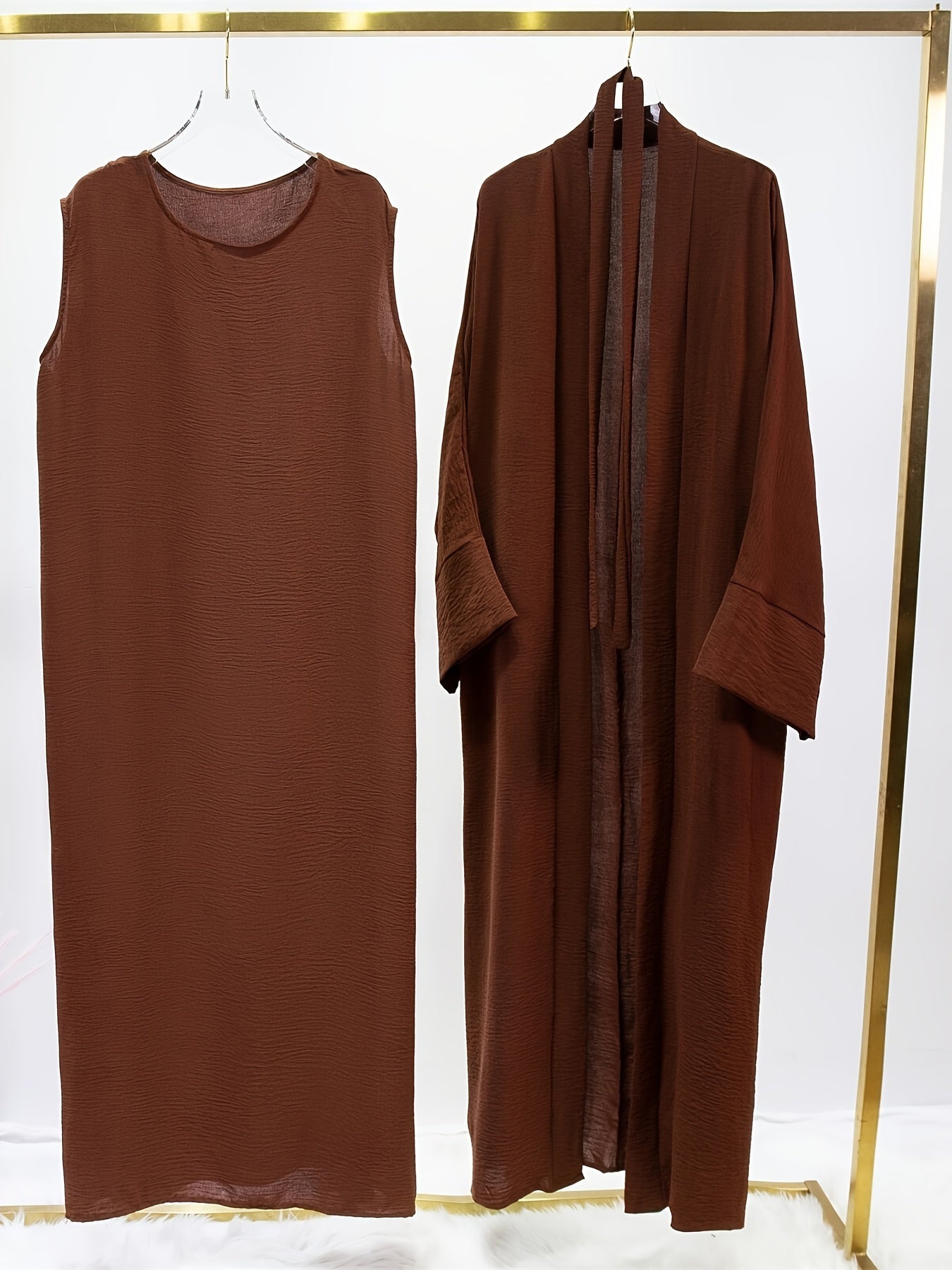 Ramadan Solid Color Modest Pakistani Abaya Set, Casual Crew Neck Sleeveless Tank Dress & Open Front Long Sleeve Tie Cardigan Outfits, Women's Clothing